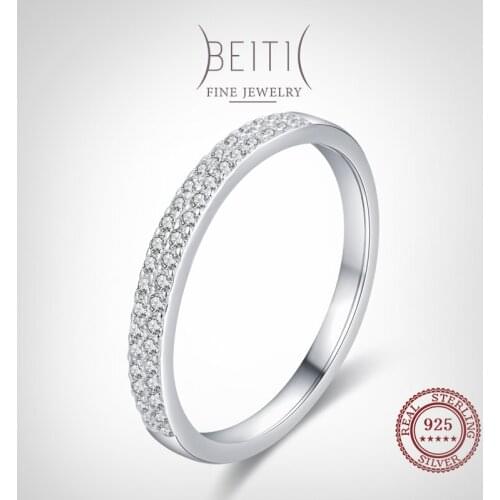 Beitil Genuine 925 Sterling Silver Double Row Shining Zircon Finger Ring For Women Wedding Engagement Fine Female Jewelry