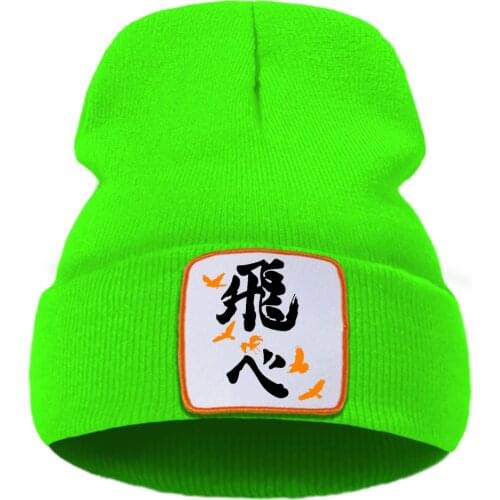 Skullies Winter Hat Knitted Caps Ski Thick Fashion Beanie Hats Casual Quality Unisex Cap Haikyuu Fly Text Japan Anime Print