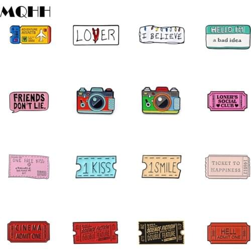 Cartoon Color Pink Brooch Camera Post-it Note Movie Ticket Envelope Love Air Ticket Pin Enamel Badge Clothes Bag Jewelry Gift