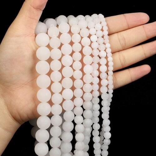 Natural Stone Beads Frosted White Jade Charm Round Loose Beads for Jewelry Making Needlework Bracelet DIY 4/6/8/10/12 MM