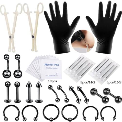 Hot Sale 1Set Tattoo Piercing Tool 42 Pieces Lip Eyebrow Earrings Umbilical Ring Hole Body Piercin Kit Body Jewelry Piercing