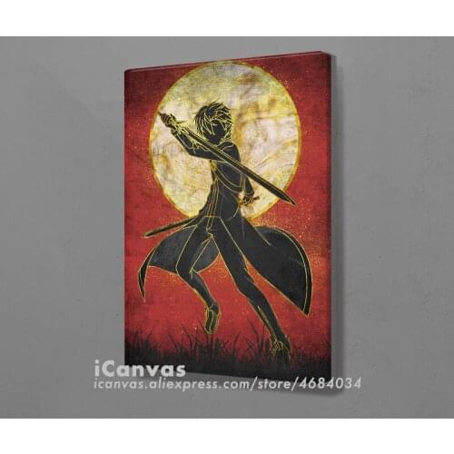 Kirito Retro design Silhouette manga Poster Framed Wooden Canvas Wall Art Decoration Prints for Room Home Frame Decor Painting