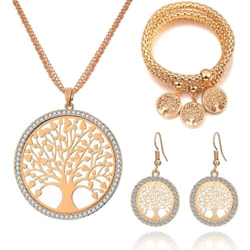 Silver Plated Tree Of Life Jewelry Set For Women Fashion Necklace Earring Bracelet High Quality Crystal Jewellery Wedding Gift