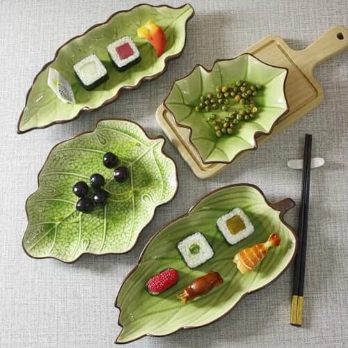 12.5 Inch Creative Ceramic Leaf Fruit Suhi Salad Plate Green Long Square Dish Lotus Dinning Room Large Practical Plate