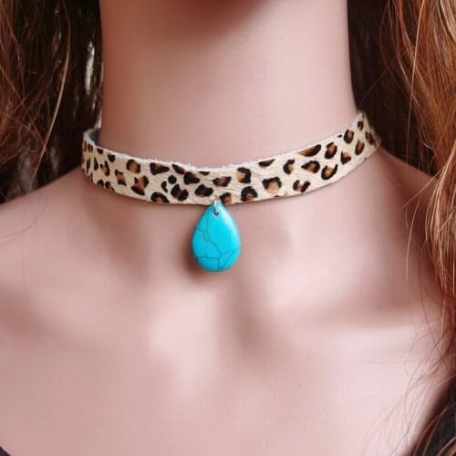 Leopard Big Turquoise Choker for Women Textured Wide Horse Hair Genuine Leather Pendant Necklace Fashion Gift Jewelry Accessory