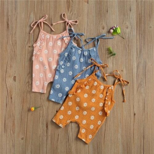 Summer Newborn Baby Girls Daisy Print Cotton Linen Romper Jumpsuit Sleeveless Jumpsuit Long Pants for Kids Infant Girls
