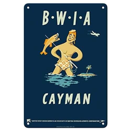 Cayman Islands - British West Indies Airways BWIA (Bee-Wee) - Airline by Dick Negus & Philip Sharland c.1950s Metal Tin Sign