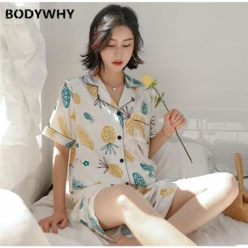 Cute Printed Pajamas Womens Set Lapel Sleepwear Cardigan Short-sleeved Shorts Two-piece Female Home Nightshirt