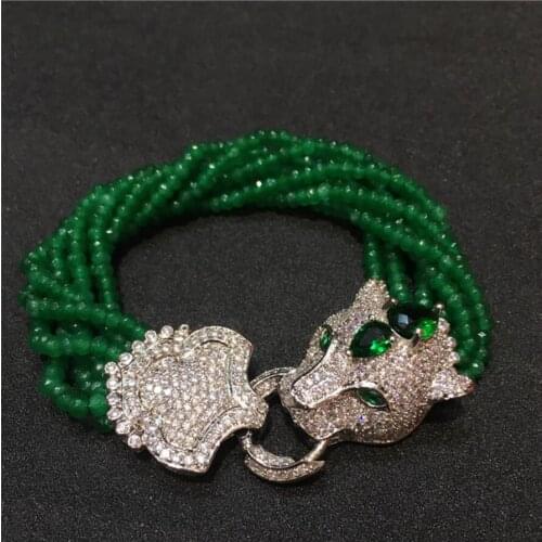 Fashion jewelry Handmade leopard head micro inlay zircon clasp green stone multi-rows bracelet gift box packing