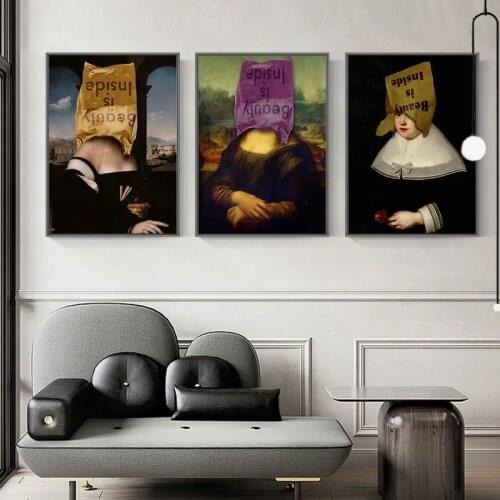 Mona Lisa Funny Art Canvas Painting Beauty Is Inside Wall Art Posters And Prints Famous Da Vinci Art Pictures Living Room Decor