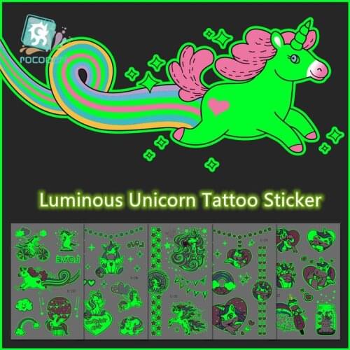Lovely Luminous Unicorn Water Transfer Waterproof Temporary Tattoo Stickers For Children Halloween Party Gift Fake Tattoos