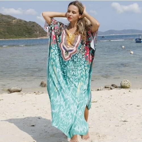 Casual Bikini Cover-ups Blue Tunic Boho Printed Summer Beach Dress Elegant Women Plus Size Beach Wear Swim Suit Cover Up