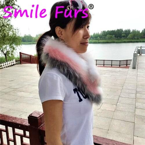 Qearlstar Women Winter Real Raccoon Fur Collar Scarf Mixed-color Natural Fur Scarves Coat Decor Fluffy Thicken Neck Warmer Wraps