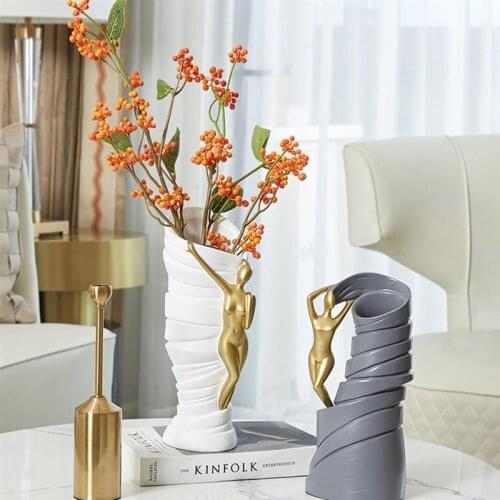 Luxury Resin Golden Figure Vase Ornaments Abstract Art White Gray Desktop Flower Arrangement Home Decor for Living Room Balcony
