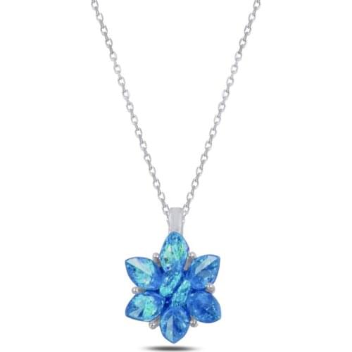 Silver 925 Sterling Lotus Flower Aquamarine Zircon Cubic Zirconia Necklace