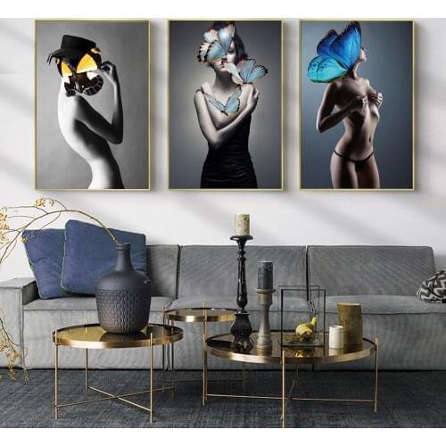 Modern Portrait Art Canvas Painting Posters and Prints Wall Art Nude Woman with Butterfly Pictures for Living Room Home Decor