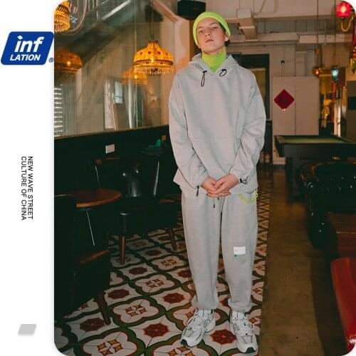 INFLATION Men Tracksuit 2020 Autumn Fashion Gray Oversized Hoodie Men Sweatpant Two Piece Hoodie Set Couple Sweatshirt Set Woman