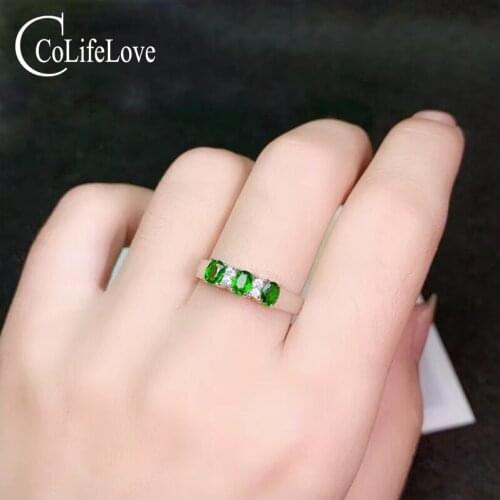 CoLife Jewelry Natural Diopside Silver Band Ring 3 Pieces 3mm*4mm Chrome Diopside Ring 925 Silver Diopside Jewelry Gift for Girl