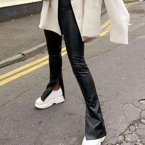 Sexy Women Side Slit Faux Leather Flare Pants High Waist Bell-bottom Trousers