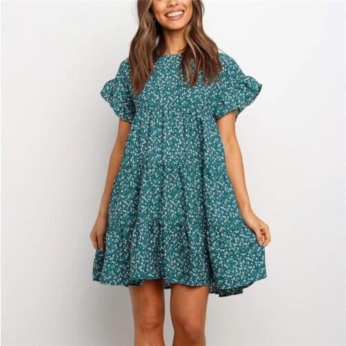 GOOHOJIO Women Fashion Casual Floral Printed Pleated Dress Butterfly Short Sleeve Loose Mini Dress Sundress Holiday Lady Dresses