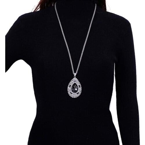 Luxury Big Oval Crystal Glass Pendant Sweater Chain Long Necklace for Women Twist Chains Party Dress Statement Jewelry Gift