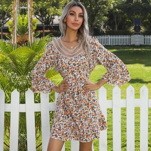 Flare Long Sleeve Midi Dress Spring 2021 Women Flower Print Stitching Lace V-Neck Dresses Elegant Clothes Vestidos