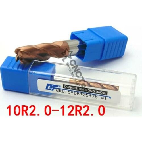 1PCS 10R2.0-12R2.0*75L Titanium yellow 4 flutes Cemented Carbide Corner Radius endmill CNC router bit milling cutter tool(10/12)