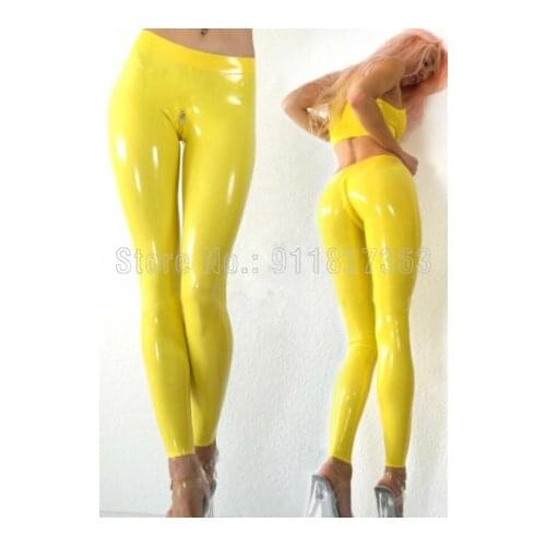 100% Latex Leggings Yellow Sexy Rubber Pants Trousers Tight w Front Crotch Zippers Customized