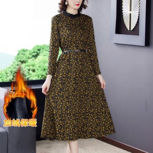 2021 Winter Elegant Floral Plus Velvet Warm Midi Dress Autumn 3XL Plus Size Casual Vintage Dresses Women Bodycon Party Vestidos