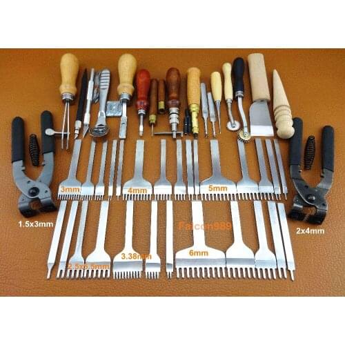 45pc Leather Craft Sew Stitch Knife Cutter Punch Chisel Pricking Iron Groover Creaser Beveler Skiving Edger Slicker Awl Tool Set