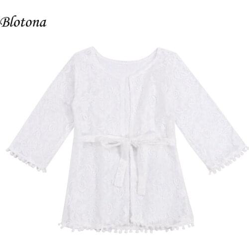 Blotona Kids Coat, Summer Lace Floral Round Neck Long Sleeve Smock with Waist Belt for Girls, White, 6 Months-5 Years
