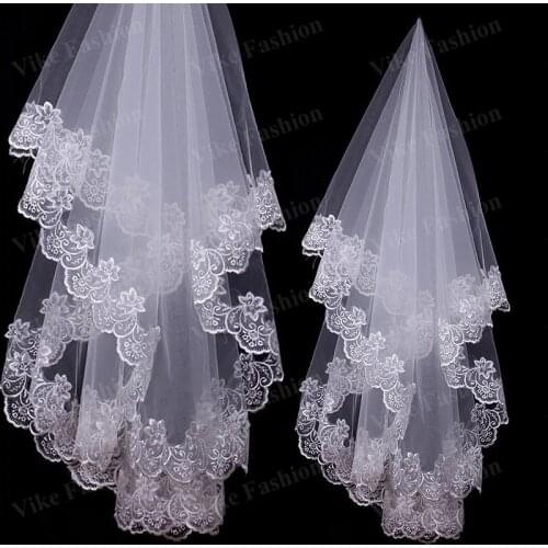 In Stock White Ivory White Cathedral Wedding Veils Short One Layer Bridal Veil Appliques Lace Edge Wedding Accessories