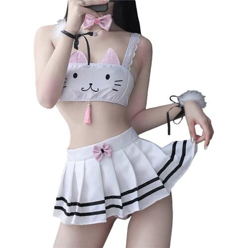 Women Sexy Lingerie Set with Socks Cat Ears Bow Decoration High Waist Summer Clothing