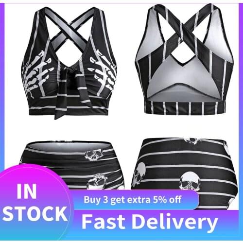 Swimwear Women Bikini Set Push-up Padded Gothic Skull Striped Print Cut Out Padded Casual Tankini Beachwear Bathing Suit