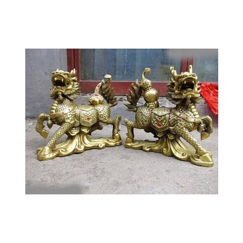 Copper Brass CHINESE crafts decoration Asian 12" China brass lucky bottle gourd Foo Dogs lion kylin a pair Sculpture Statues
