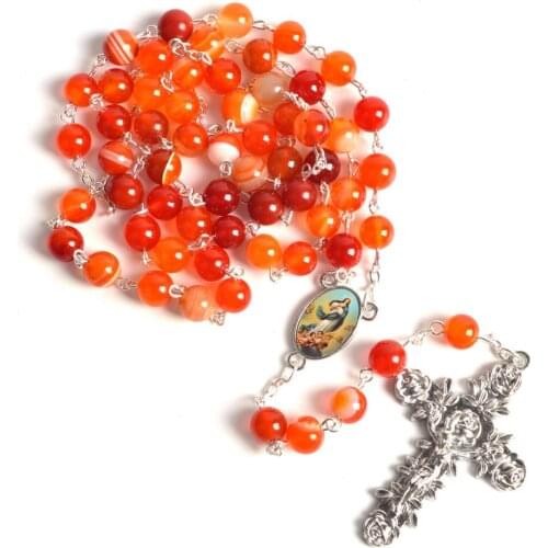 Fashion Round Orange Stone Beads Rosary Necklaces Immaculate Conception Center