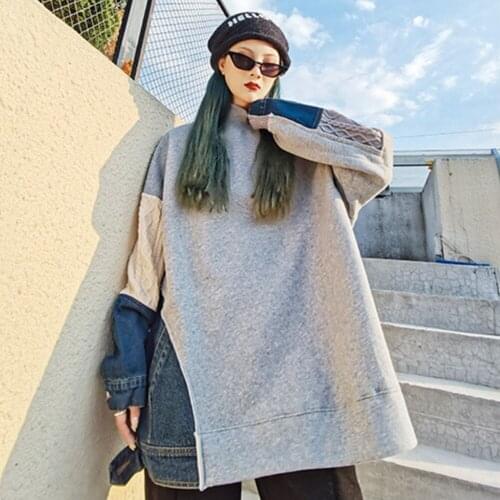 Fall 2021 New Casual High-necked Long-sleeved Womens Pullover Patchwork Knitted Denim Gray Oversized Sweatshirt Top