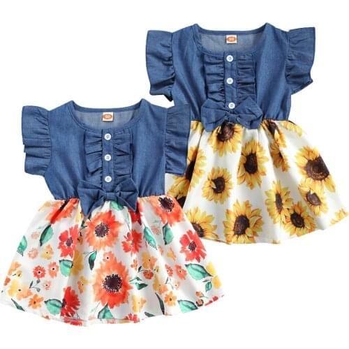 Newborn Baby Girl Clothes Summer Dress Elegant Ruffle Sleeve Button Front Denim Tops Floral Print Tutu Dress