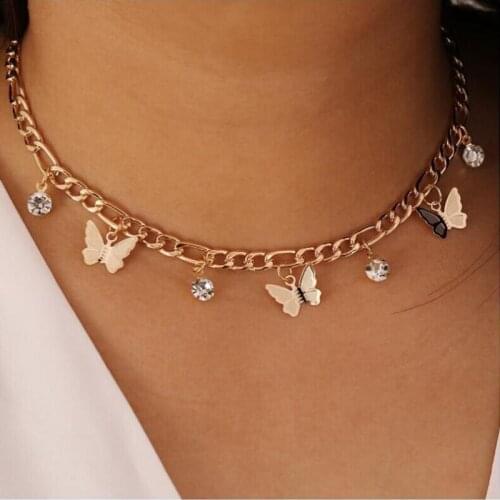 Choker Butterfly Rhinestone Necklace For Women Fashion Dainty Gold Color Clavicle Chain Metal Pendant Necklaces Jewelry Female