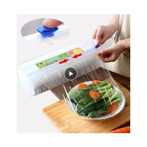 Plastic Fixing Food Wrap Dispenser With Slide Cutter Adjustable Cling Film Cutter Preservation Foil Storage Box Kitchen Tool