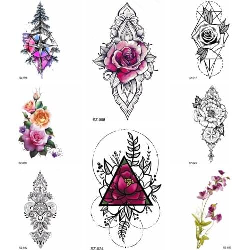 DIY Rose Flower Watercolor Tattoo Women Temporary Tattoo Stickers Leaf Flora Girl Lace Waterproof Tatoos Triangle Body Art