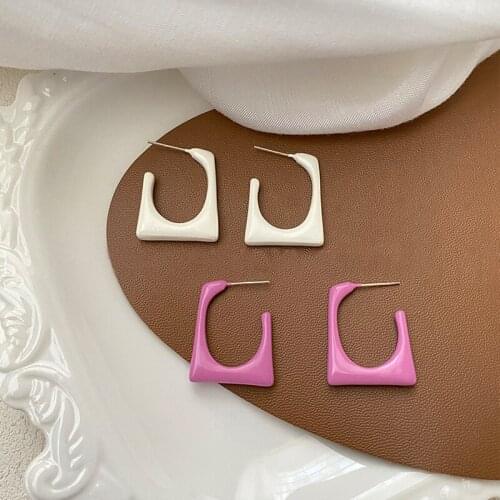 SRCOI Vintage Copper Spray Paint Geometric Square Stud Earrings Hollow White Pink Rectangle Earrings For Women Party Accessories