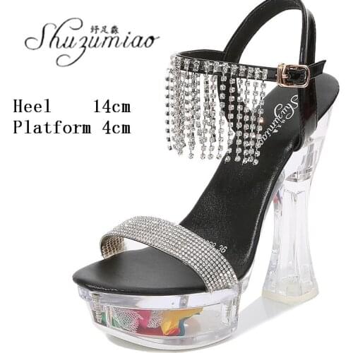 Rhinestone Pole Dance Shoes Striptease Women Fringe Model Show Party Club Flowers Clear Crystal 14 CM Super High Heels Sandals