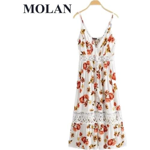 Spring Chic Lace Stitching Sling Floral Print Dress Single-Breasted V Neck Halter Mid-Length Spaghetti Strap Female Dress