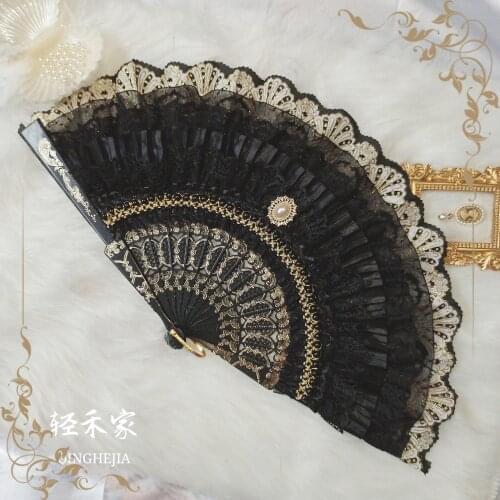 Japanese Lolita Handmade Gold Stamping Lace Palace Fan Gothic Retro With Dress Folding Fan Cosplay Costume Props Hand Flower Fan