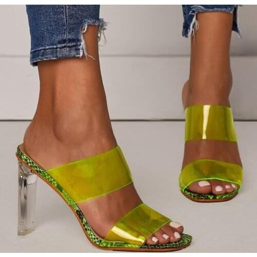 Carpaton Women Transparent High Heels Slippers Summer Thick Heel Pumps 11cm Green Snakeskin Leather Slippers Sexy Woman Shoes