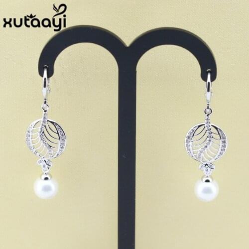 Natural freshwater Round drop pearl earrings silver hoops fashion jewelry for Women white gold color Leaves ear loops