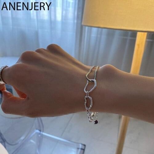 ANENJERY 925 Sterling Silver Irregular Circle Bracelet for Women Asymmetric Chain Geometric Thai Silver Bracelet S-B172