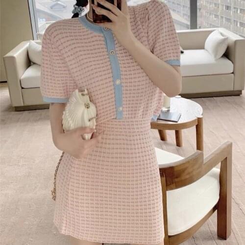 New Sweet Pink Summer Sets Women Patchwork Hit Color O-neck Short Sleeve Tops and Mini Skirts Cute Suits Female