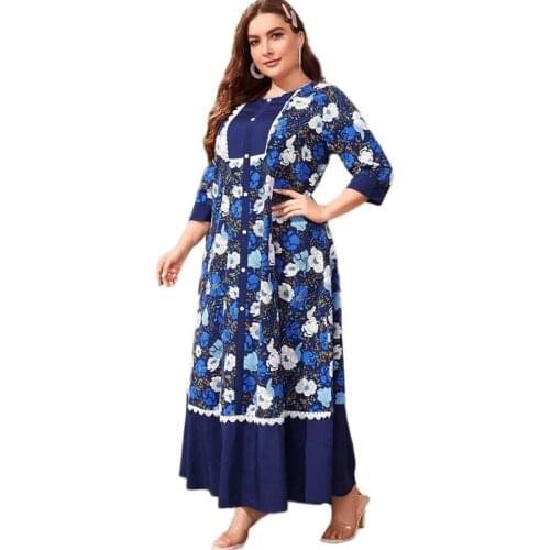 Abaya Muslim Women Floral Printed Long Dress Plus Size Ramadan Loose Arab Jilbab Kaftan Half Sleeve Islam Casual Ethnic Vintage